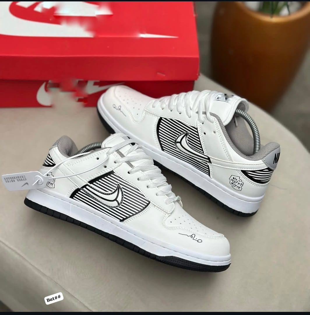Nike Dunk Low Retro Special Edition – White/Black Striped Swoosh Sneakers