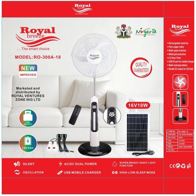 Royal Breeze Rechargeable Solar Standing Fan – Model Ro-300A-18