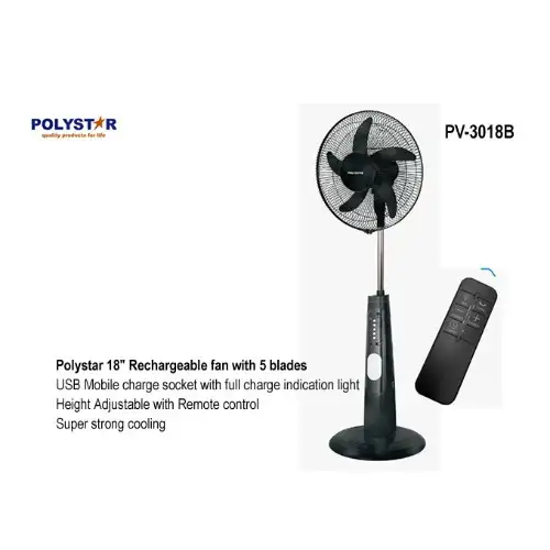 Polystar 18-Inch Rechargeable Fan With Dc 15V Charging Light (Pv-3018B Usb)