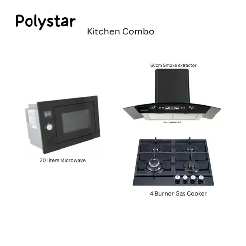 Polystar 3-In-1 Kitchen Combo: 60Cm Range Hood Extractor + 4-Burner Glass Gas Hub + 20L Built-In Microwave