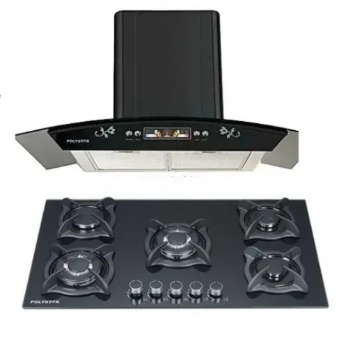 90Cm Polystar Dual Function Range Hood Heat Extractor And 5 Burner Glass Inbuilt Gas Hub Cooker