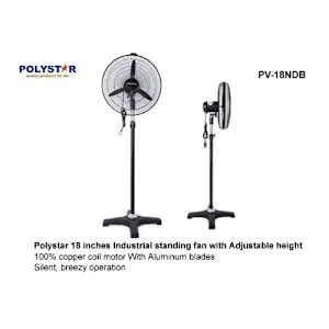 Polystar Standing Industrial Fan With Copper Coil Motor - 18 Inches - Black