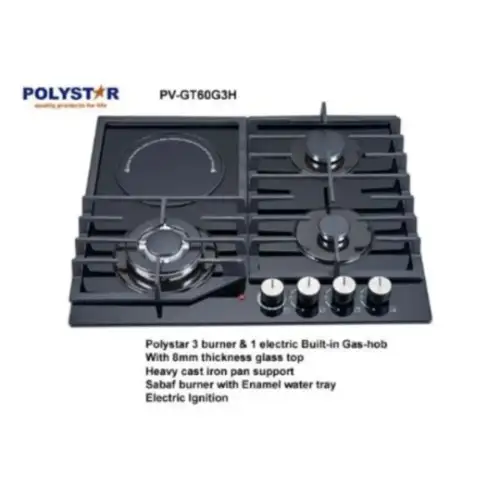Polystar 3 Gas + 1 Electric Burner Built-In Cooker Hob - Black
