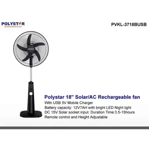 Polystar 18" Rechargeable Standing Fan Pvkl-3718Busb - Remote Control & Led Light