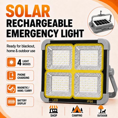 Sss 300W Solar Rechargeable Emergency Light With Phone Charging, 4 Light Modes & Battery Display-Grey thumbnail 3
