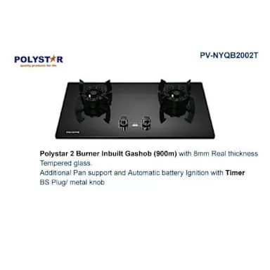 Polystar 2 Burner Inbuilt Gas Hob With Tempered Glass (90Cm) - Pv-Nyqb2002T thumbnail 2