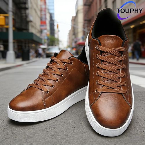 Touphy Men's Leather Casual Board Shoes Low Top Brown