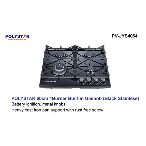 Polystar 4 Burner Gas Hob Black Stainless Steel With Battery Ignition