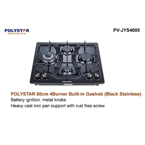 Polystar 4 Burner Gas Hob Stainless Steel - Black - 60Cm thumbnail 2