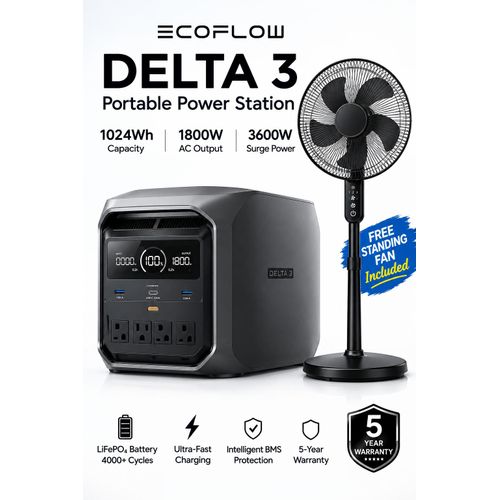 Ecoflow Delta 3 Portable Solar Generator (1024Wh / 1800W) With Free Solar Fan