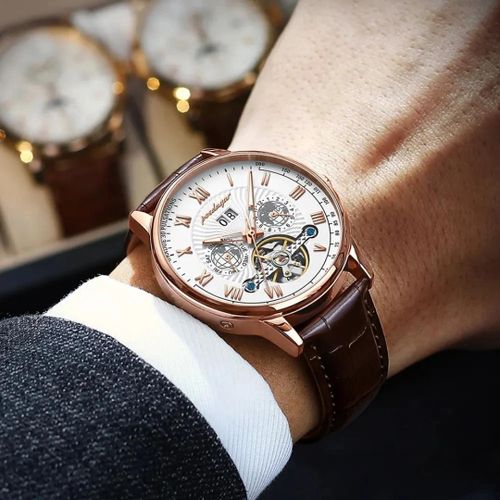 Poedagar White Dial Brown Leather Strap Automatic Watch thumbnail 3