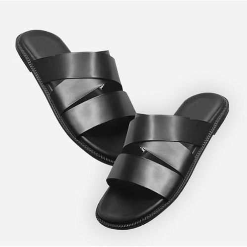 Black Leather Cross Pam Slippers