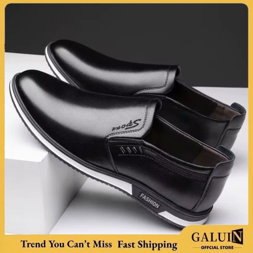 Galuin Men's Casual Breathable Black Leather Shoes
