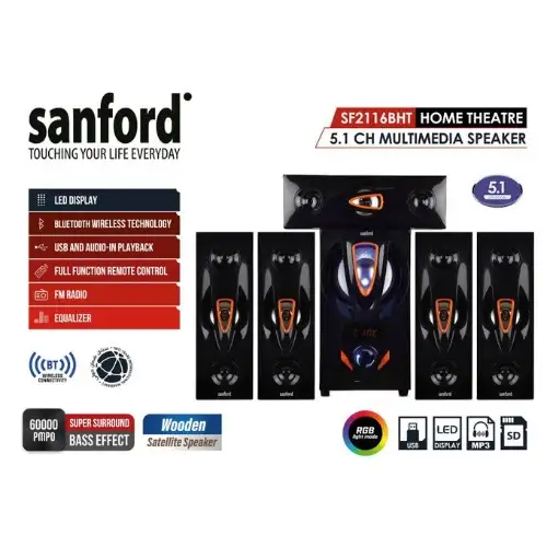 Sanford 5.1-Channel 60000W Pmpo Bluetooth Home Theater System (Sf2116Bht) thumbnail 3