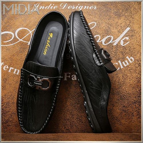 Midia Men's Leather Casual Loafers Half Shoe Slippers Black thumbnail 3