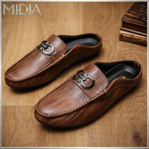 Midia Men's Leather Casual Loafers Half Shoe Slippers Brown