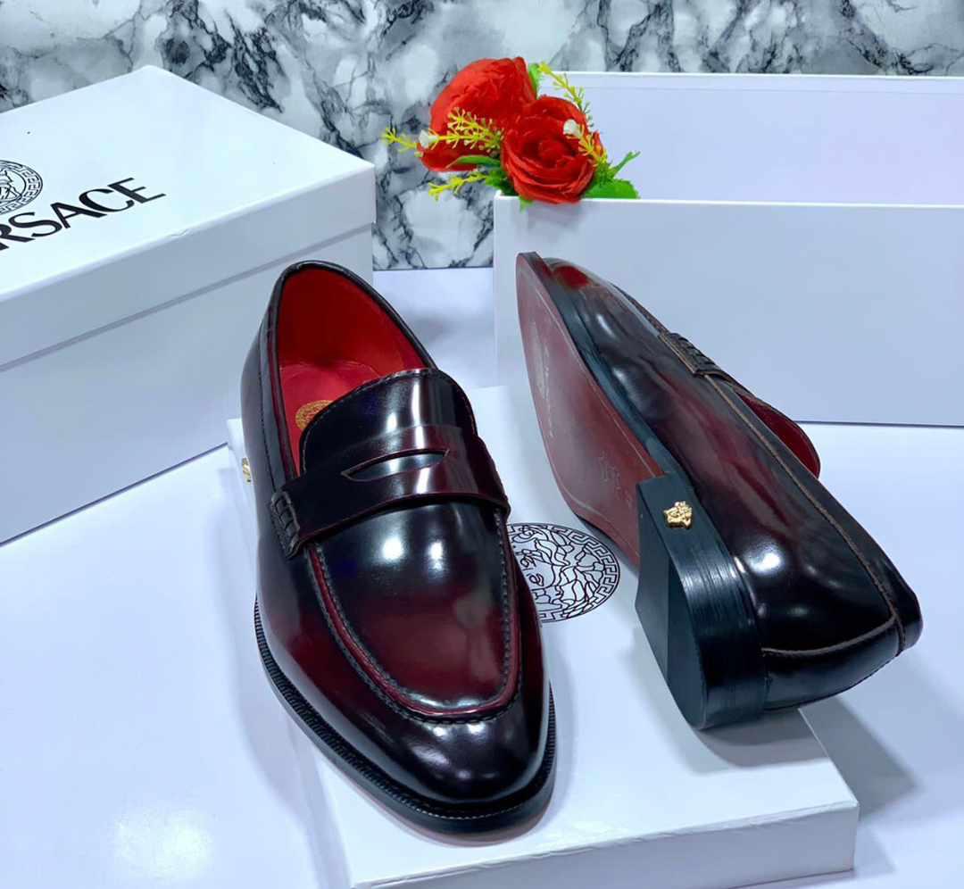 Versace Glossy Leather Penny Loafers (Deep Wine / Burgundy)