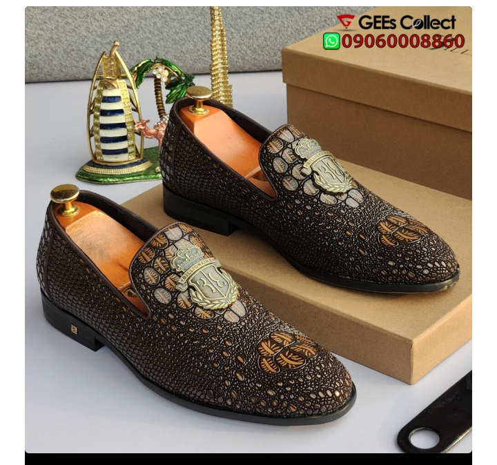 Billionaire Italian Couture Textured Leather Gold Crest Loafers (Brown)