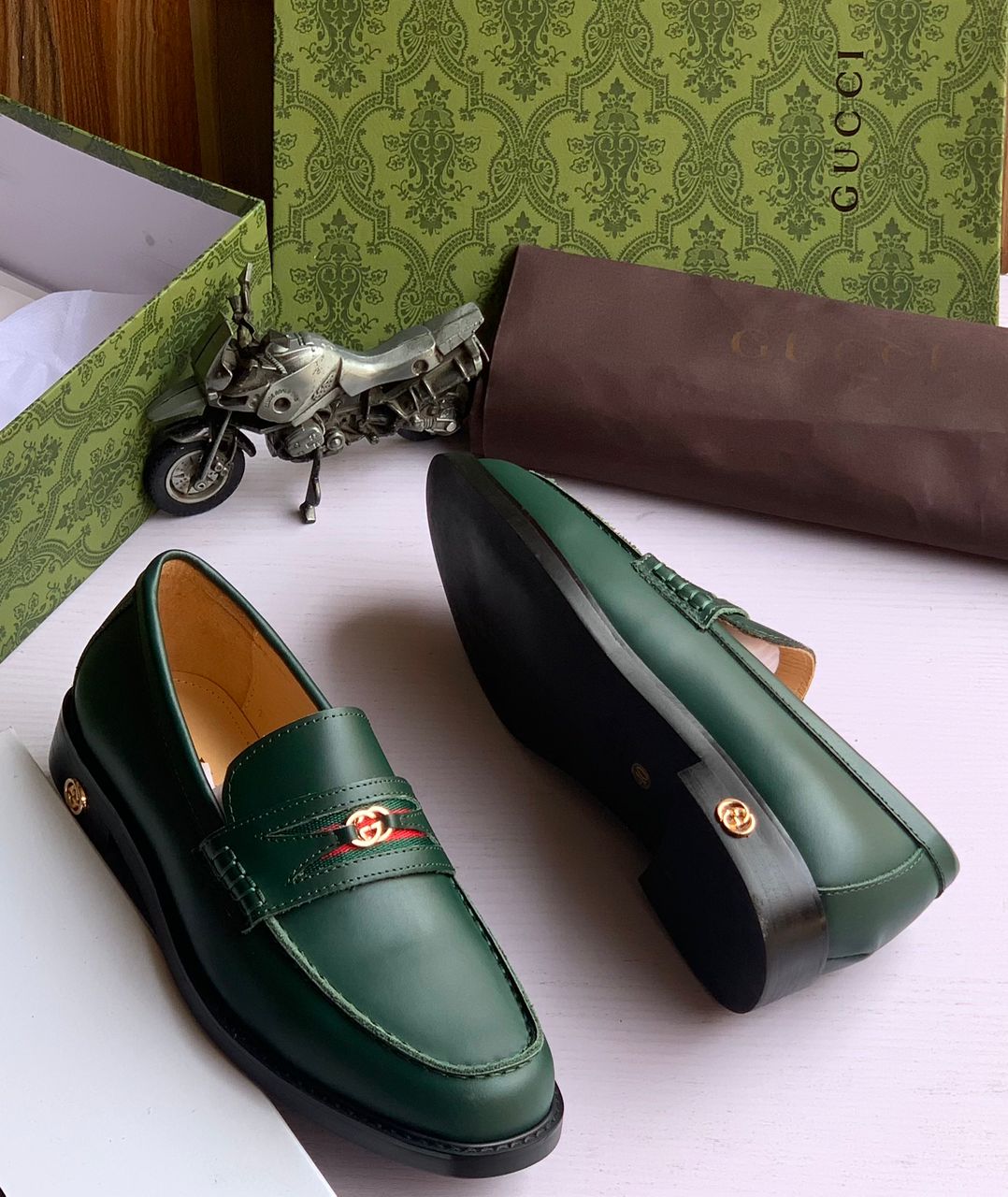Gucci Web Stripe Interlocking G Leather Loafers (Forest Green)