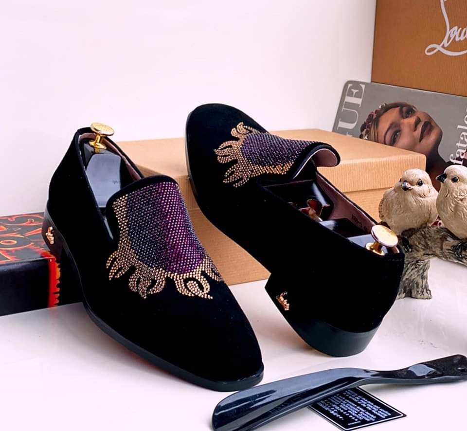 Christian Louboutin Embellished Velvet Crystal Loafers (Black & Purple)