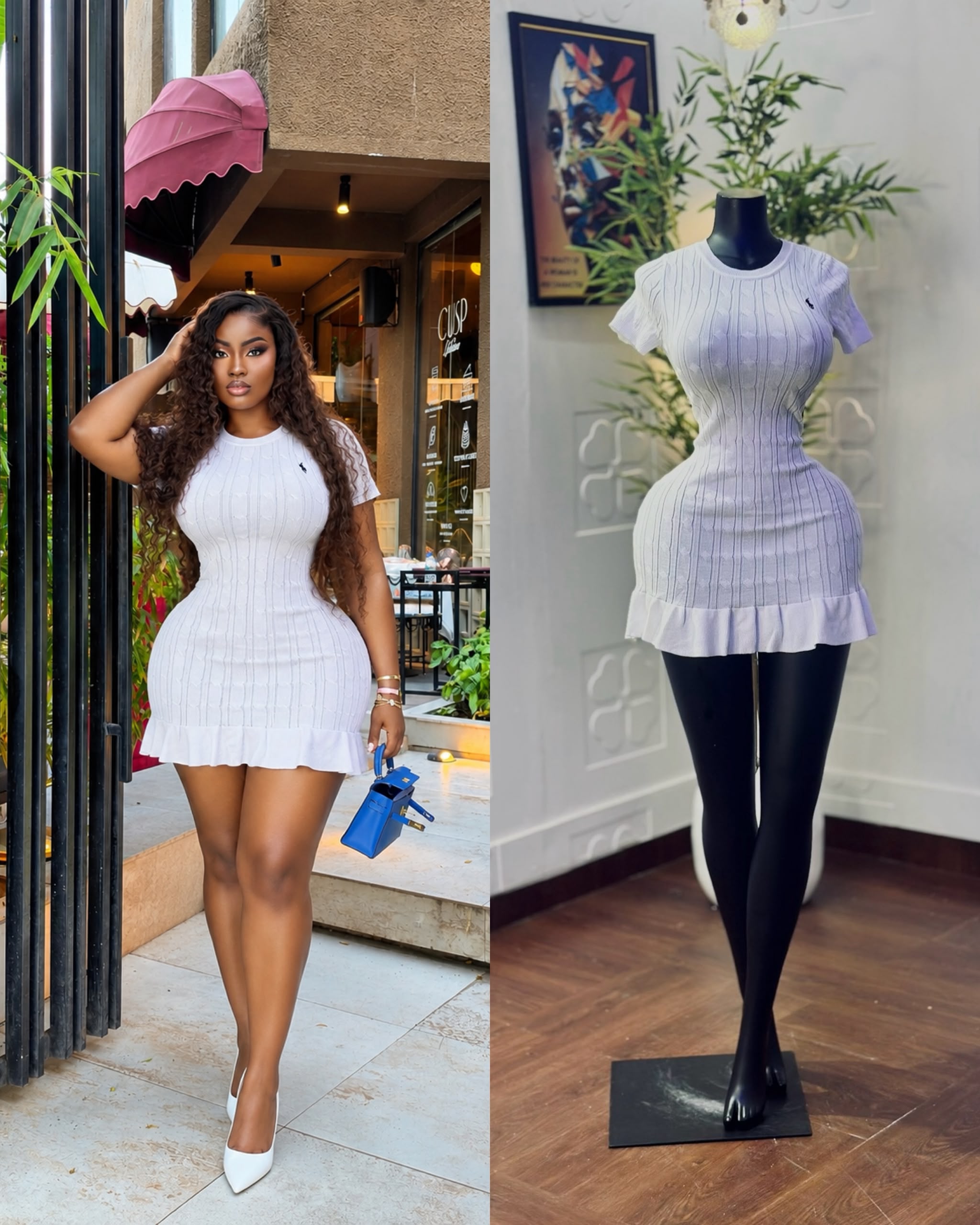Women’s Short Sleeve Cable Knit Mini Bodycon Dress With Ruffled Hem & Embroidered Logo thumbnail 5