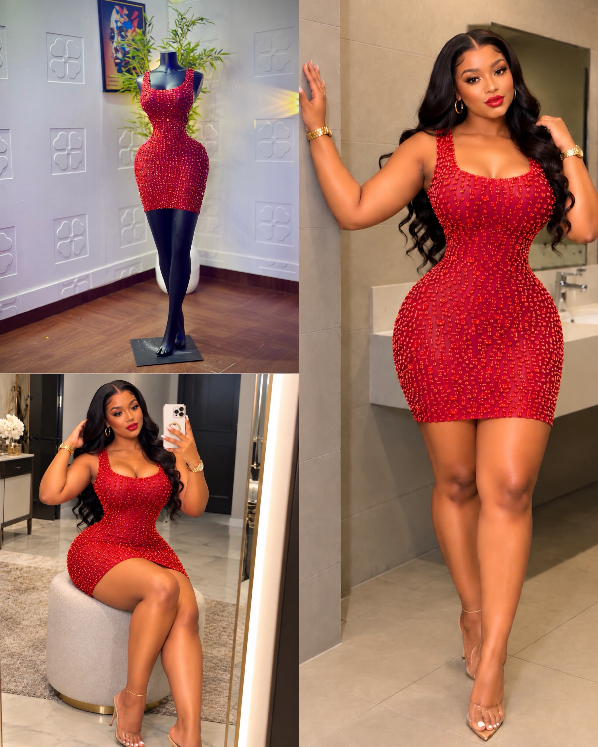 Luxury Heavily Embedded Rhinestone Scoop-Neck Bodycon Mini Dress – Ruby Red thumbnail 5