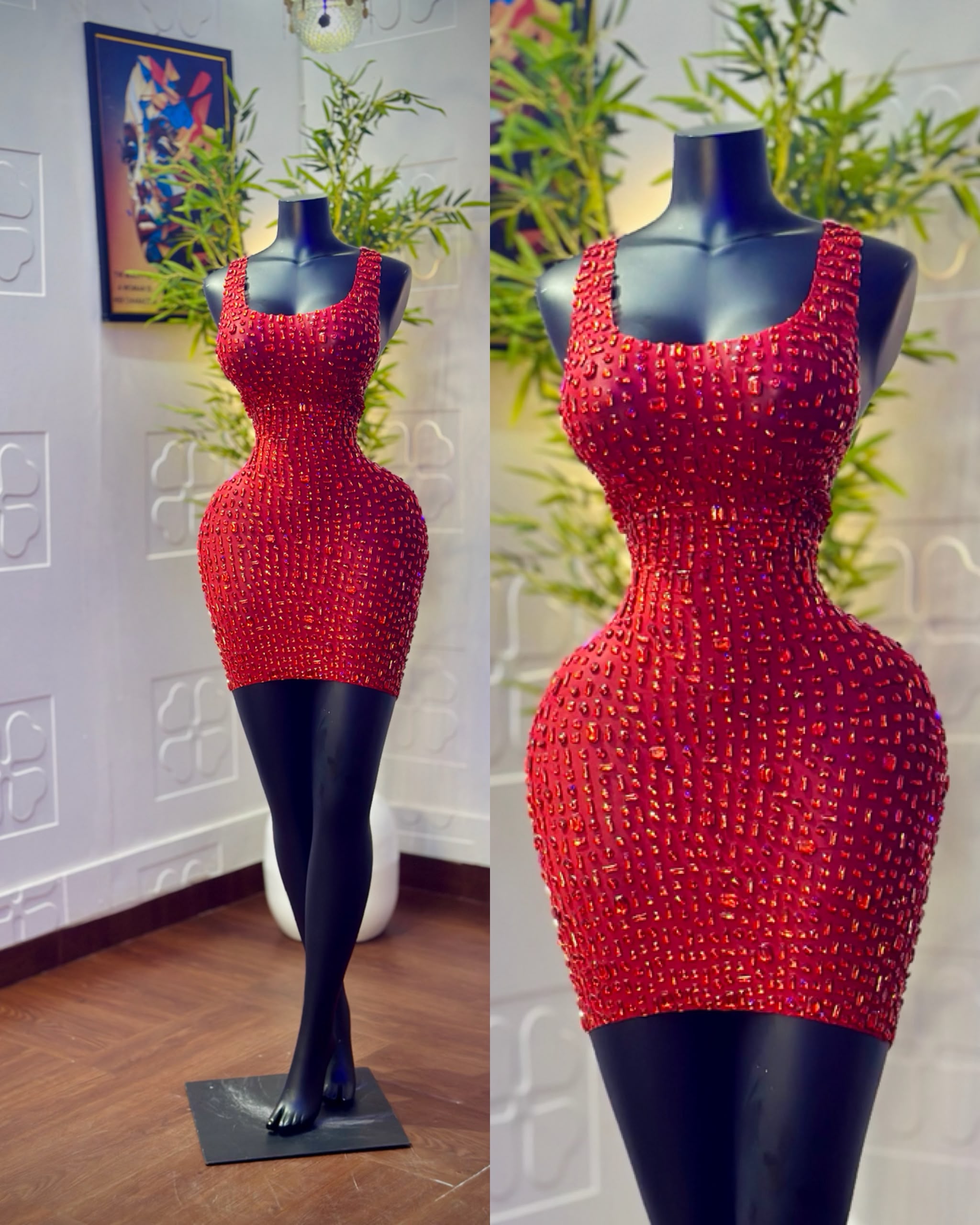 Luxury Heavily Embedded Rhinestone Scoop-Neck Bodycon Mini Dress – Ruby Red thumbnail 4