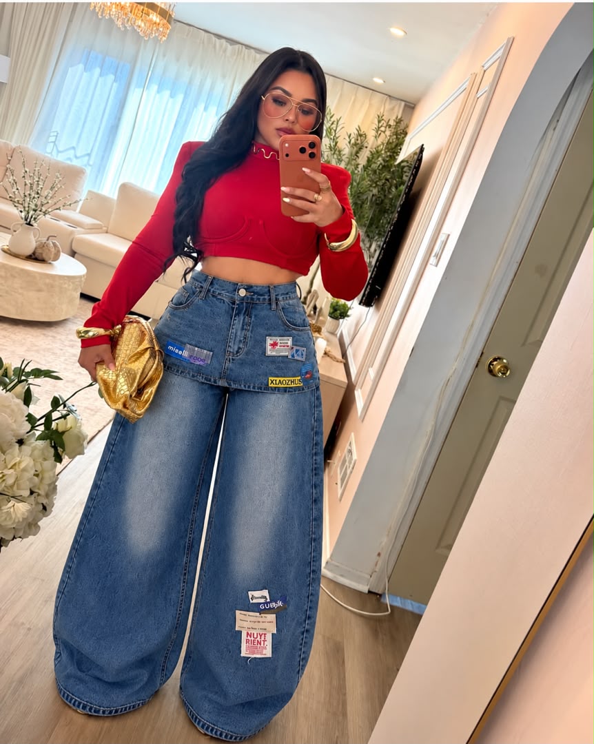 Women’s Luxury 2-In-1 Graphic Patchwork High-Waisted Barrel Leg Denim Jeans thumbnail 2
