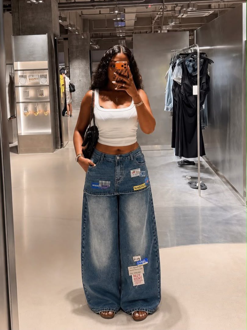 Women’s Luxury 2-In-1 Graphic Patchwork High-Waisted Barrel Leg Denim Jeans