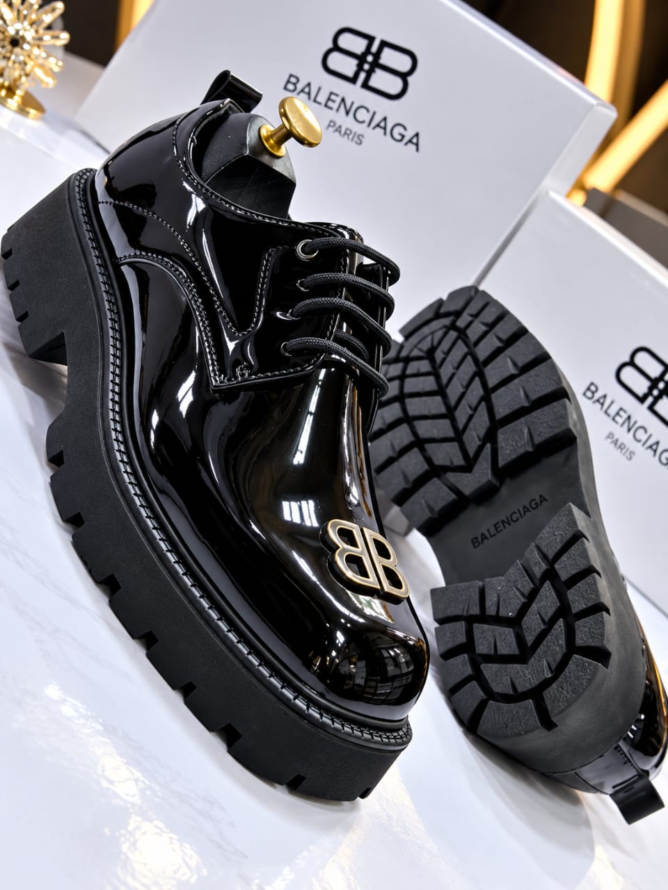 High-Gloss Patent & Textured Black Leather Derby Shoes