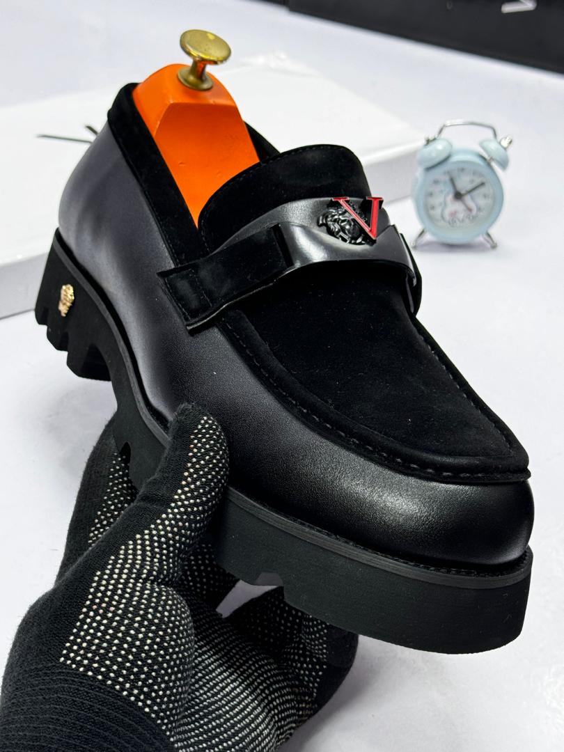 Men’s Premium Dual-Finish Suede & Leather Platform Loafers – Black