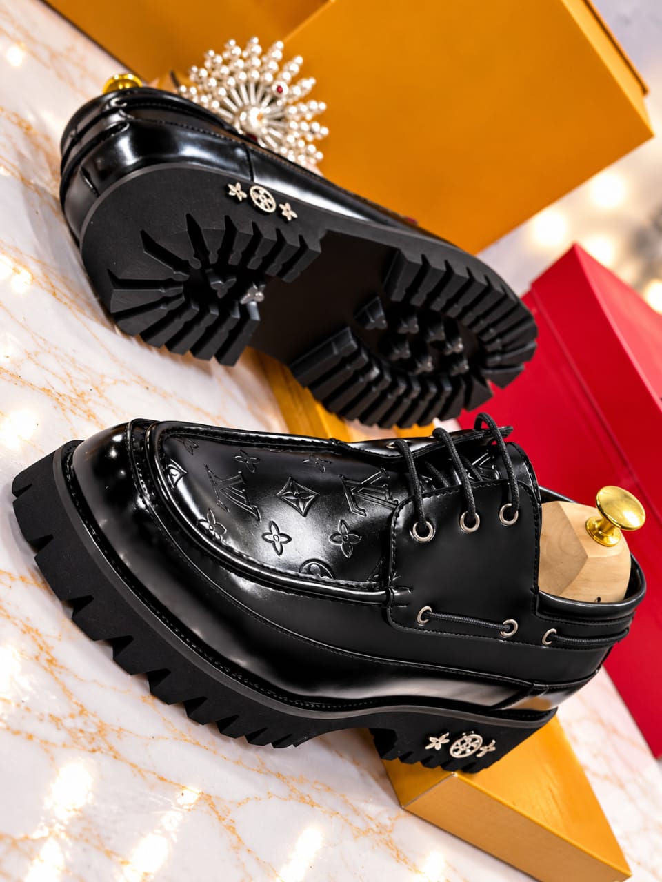 Luxury Monogram Debossed Apron-Toe Derby Shoes – Black thumbnail 2