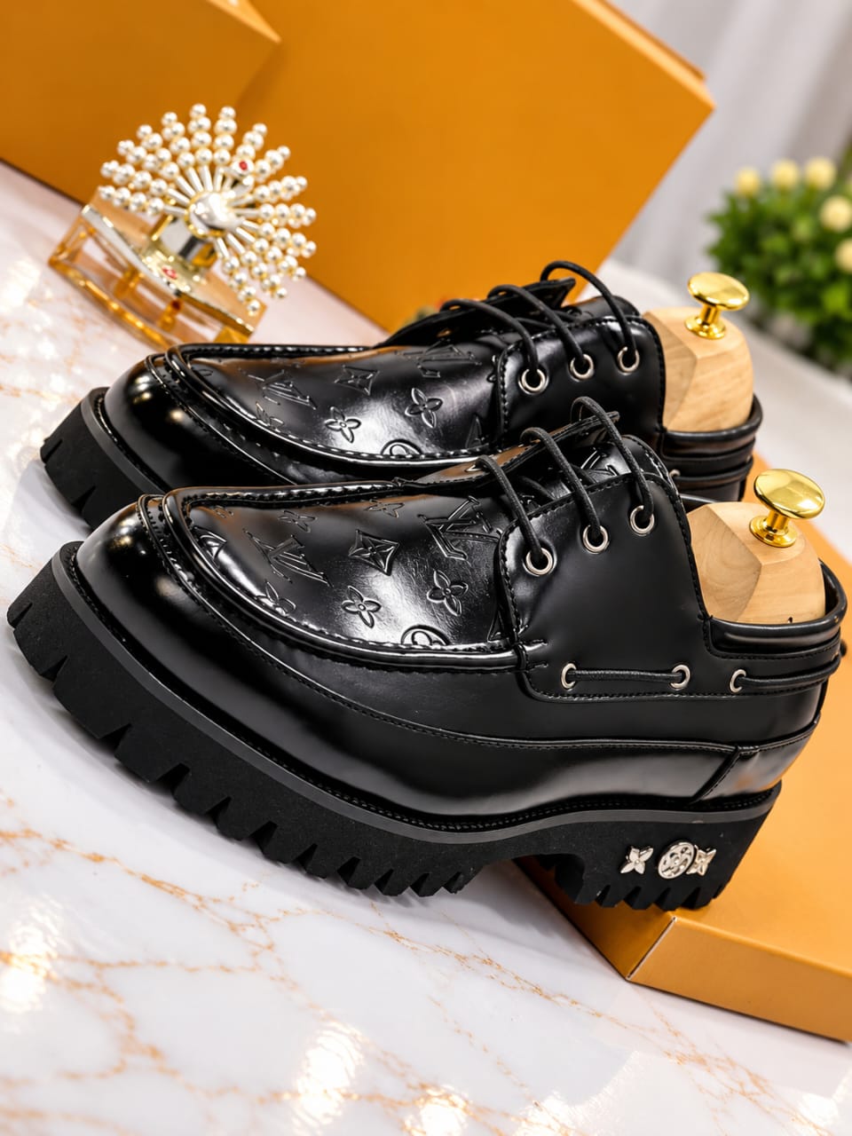 Luxury Monogram Debossed Apron-Toe Derby Shoes – Black