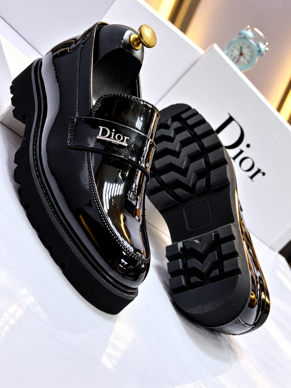 Designer Urban Cleated Sole Patent Leather Slip-On Loafers – Black