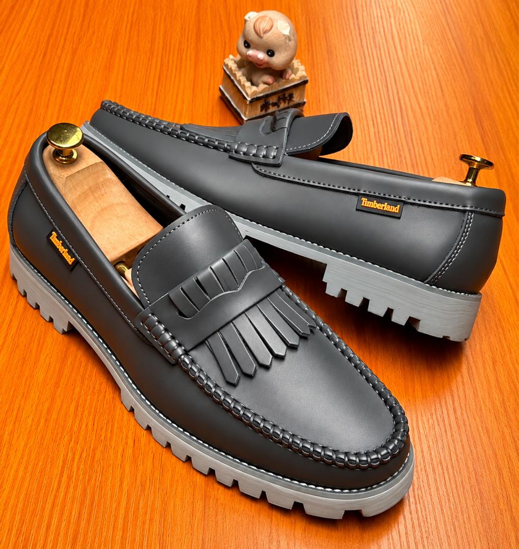 Men’s Premium Grey Leather Kiltie Fringe Penny Loafers – Smart Casual Chunky Lug Sole Slip-On Shoes