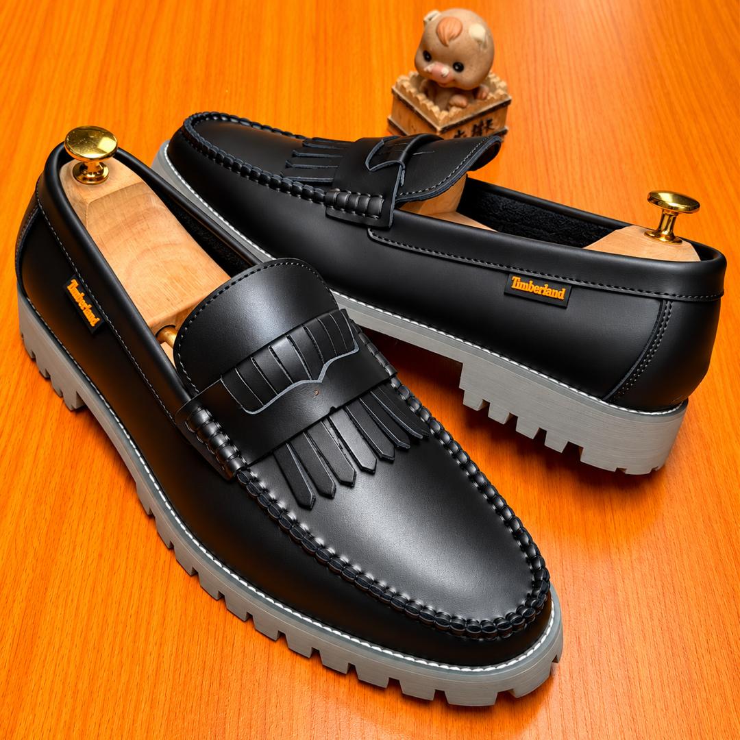 Men’s Premium Grey Leather Kiltie Fringe Penny Loafers – Smart Casual Chunky Lug Sole Slip-On Shoes thumbnail 2