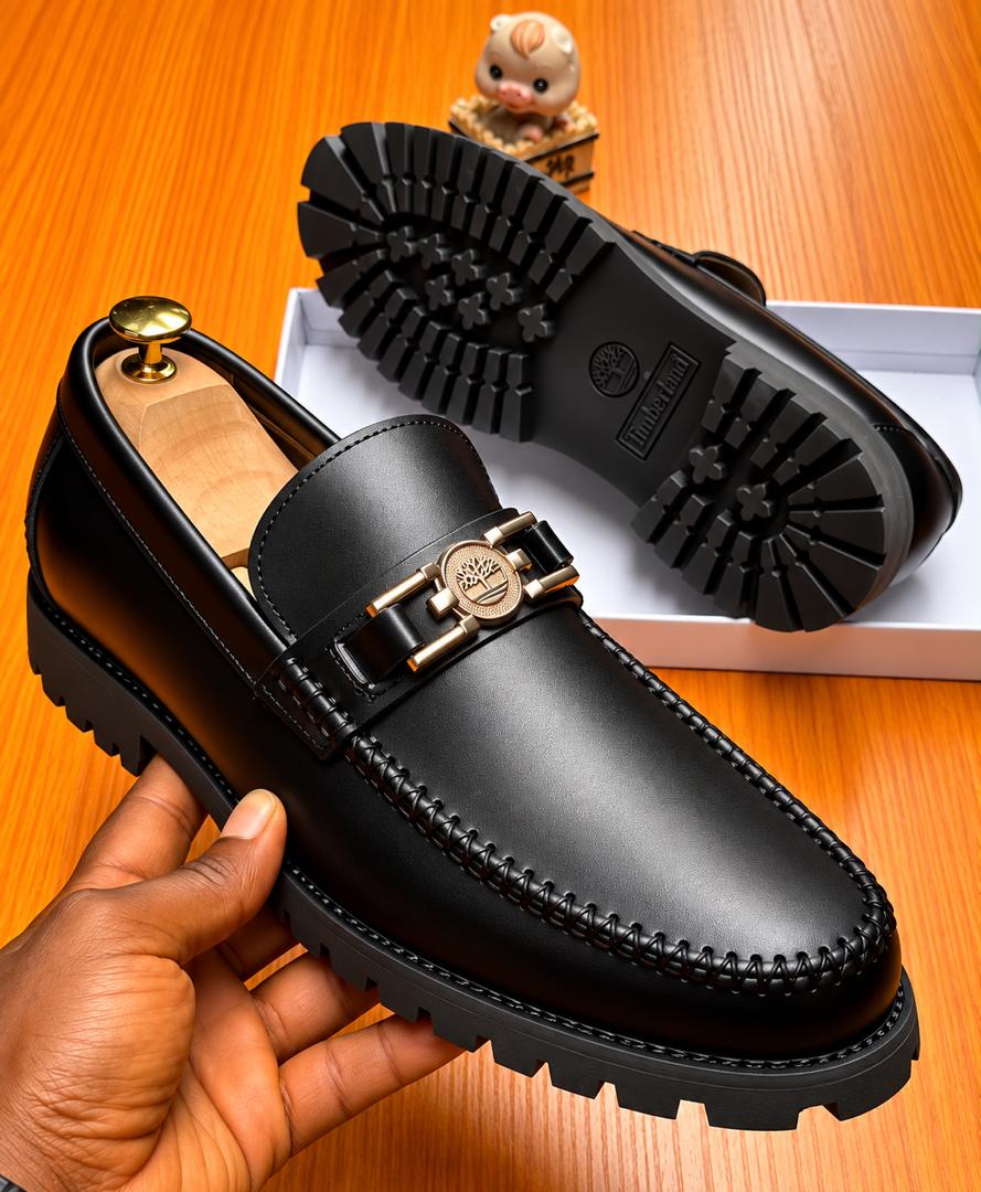 Men’s Premium Black Leather Horsebit Loafers – Chunky Lug Sole Moc-Toe Slip-On Shoes