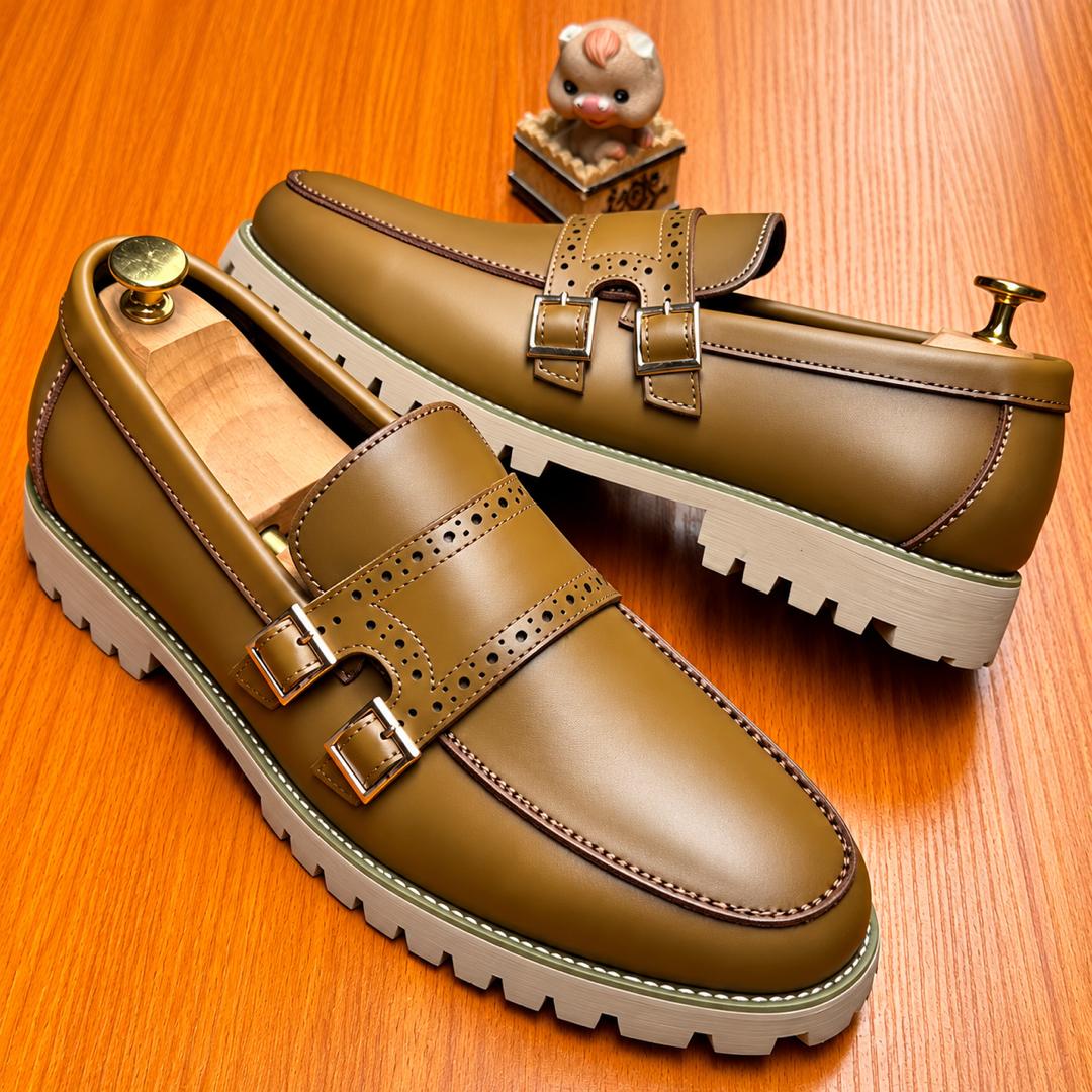 Men’s Tan Leather Horsebit Moc-Toe Loafers – Smart Casual Chunky Platform Lug Sole Shoes thumbnail 2