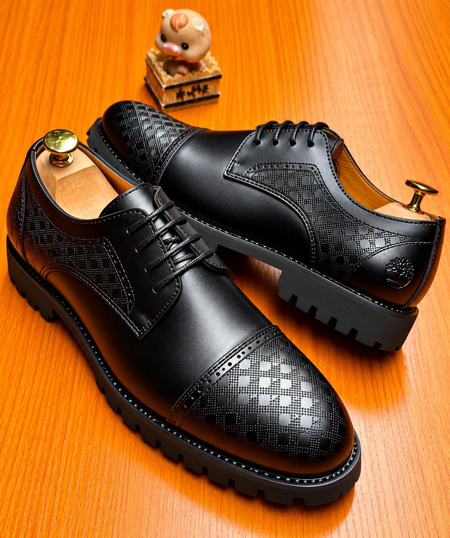Men’s Premium Black Geometric Textured Cap-Toe Derby Shoes – Chunky Lug Sole Lace-Up Oxfords