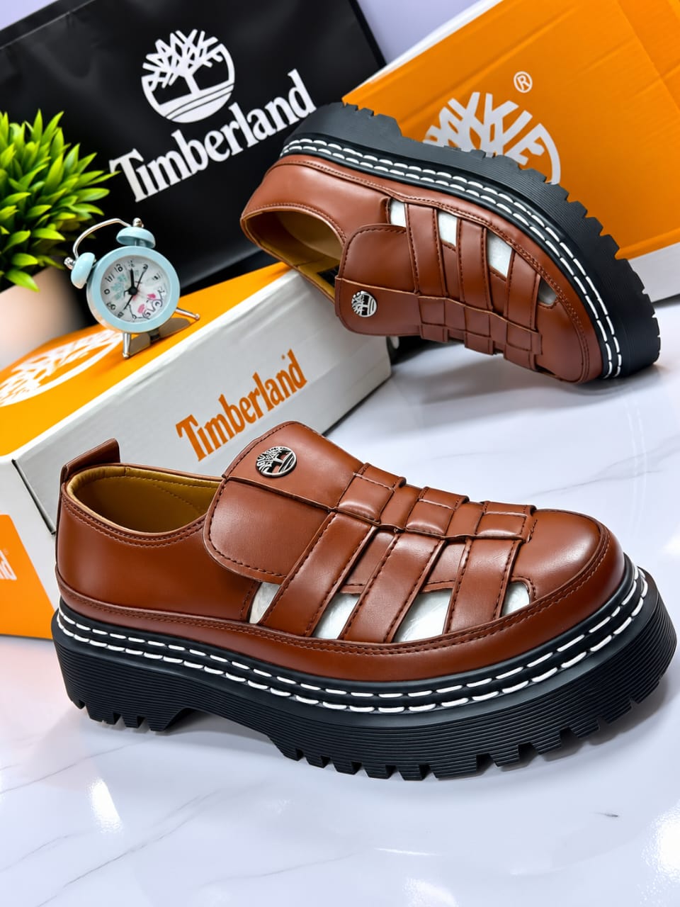 Men’s Premium Cognac Brown Leather Woven Fisherman Loafers – Chunky Platform Lug Sole Clog Shoes
