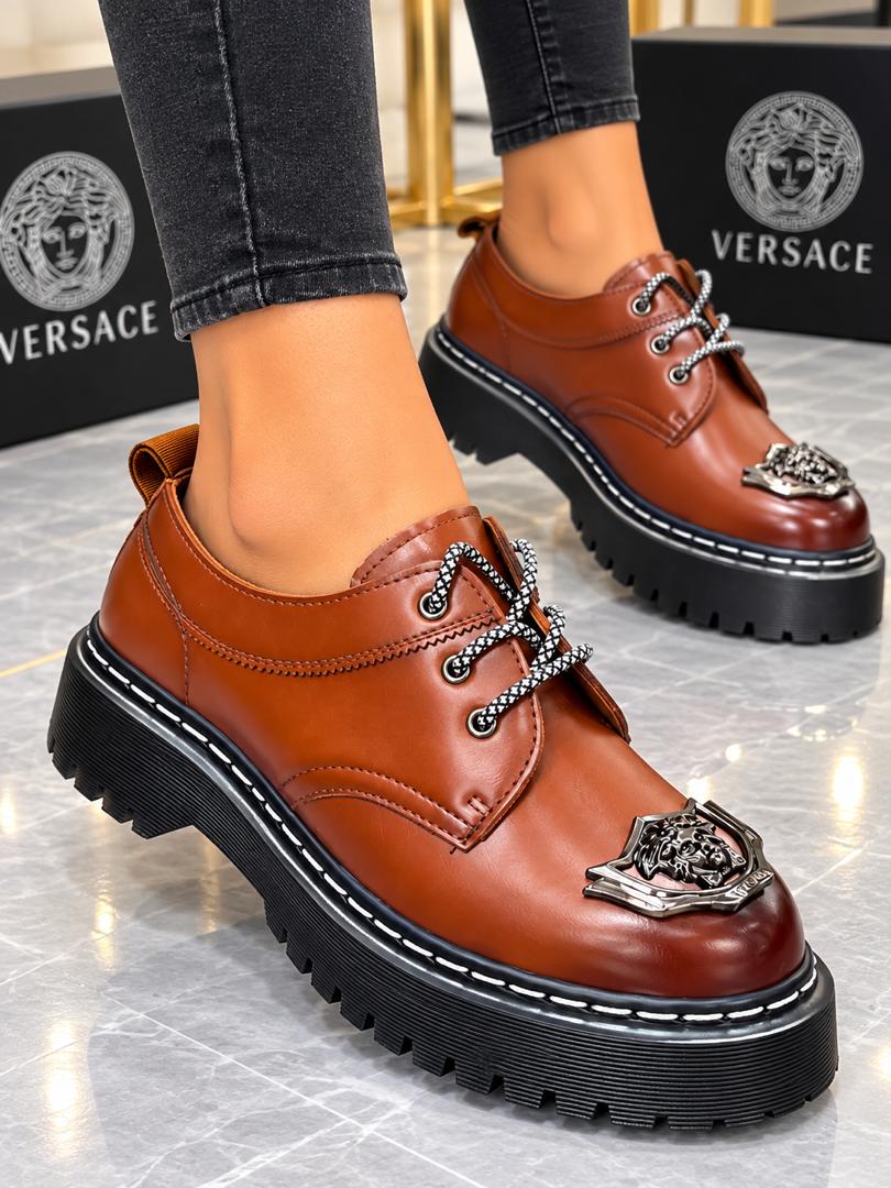 Men’s High-Shine Patent Black Medusa Crest Toe-Plate Derby Shoes – Chunky Lug Sole Lace-Up Oxfords thumbnail 5