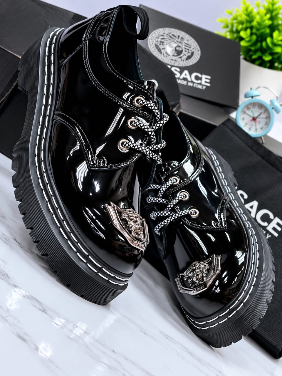 Men’s High-Shine Patent Black Medusa Crest Toe-Plate Derby Shoes – Chunky Lug Sole Lace-Up Oxfords thumbnail 2