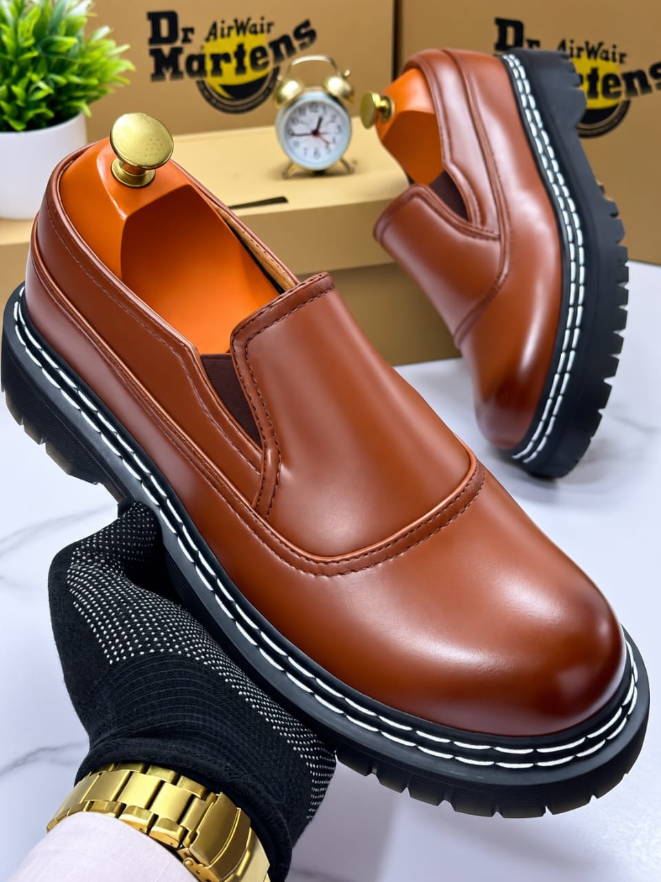 Men’s Dr. Airwair Martens Tan Leather Plain-Toe Slip-On Loafers – Chunky Lug Platform Sole Shoes thumbnail 3