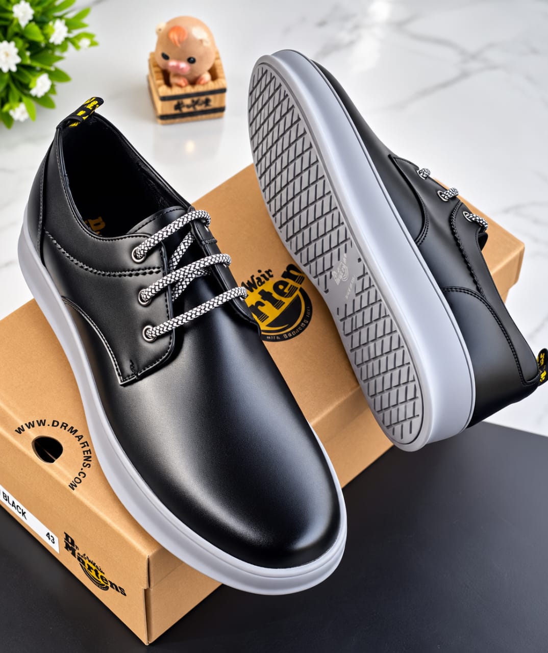 Men’s Black Leather Plain-Toe Derby Sneakers – Smart Casual Low-Top Lace-Up Shoes With White Cupsole