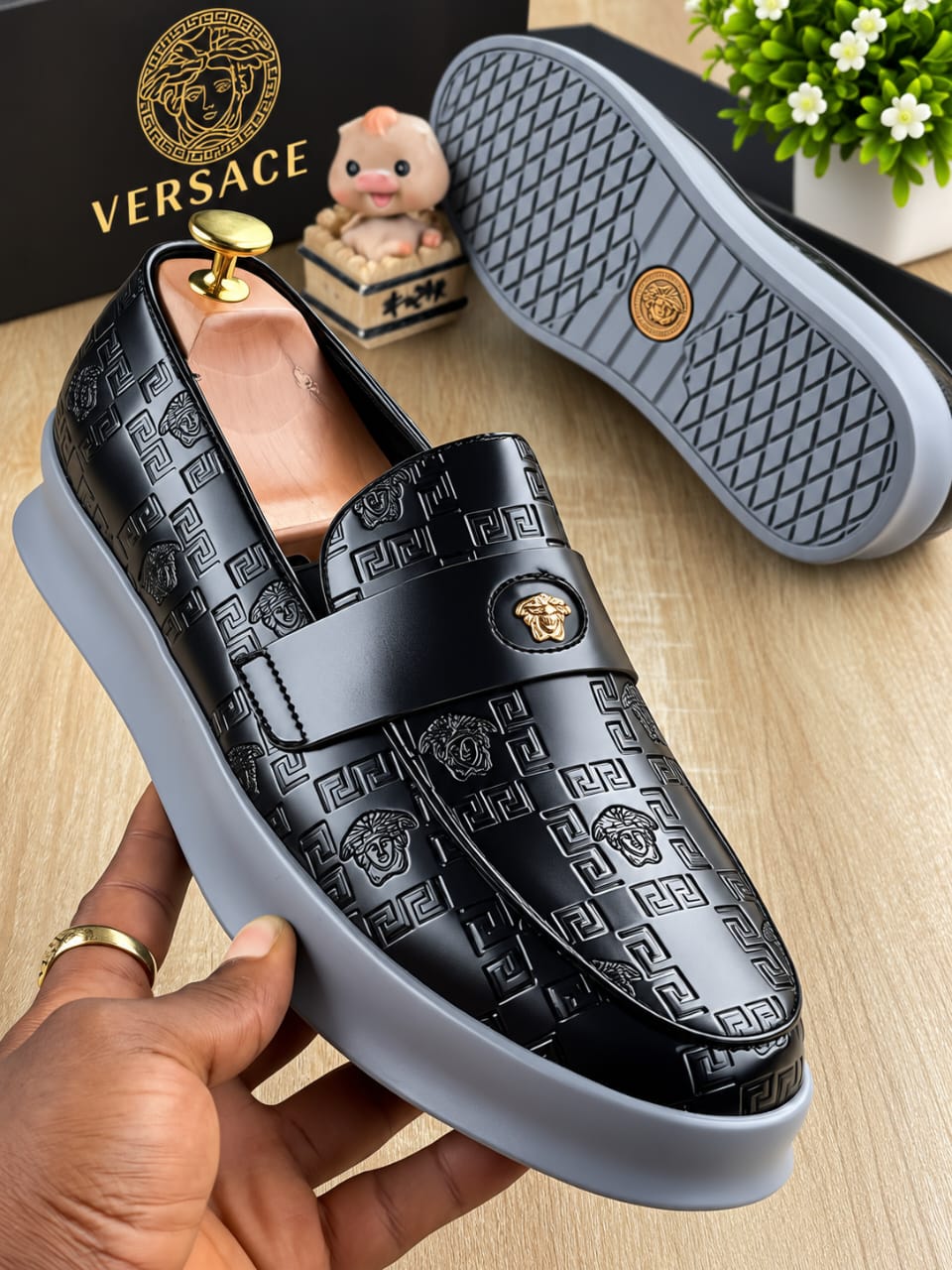 Men’s Versace Black Embossed Monogram Penny Loafers – Smart Casual Chunky Platform Slip-On Shoes