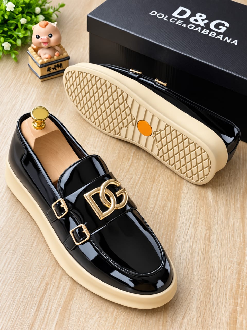 Men’s Dolce & Gabbana Patent Black Double-Buckle Loafers – Smart Casual Platform Slip-On Shoes
