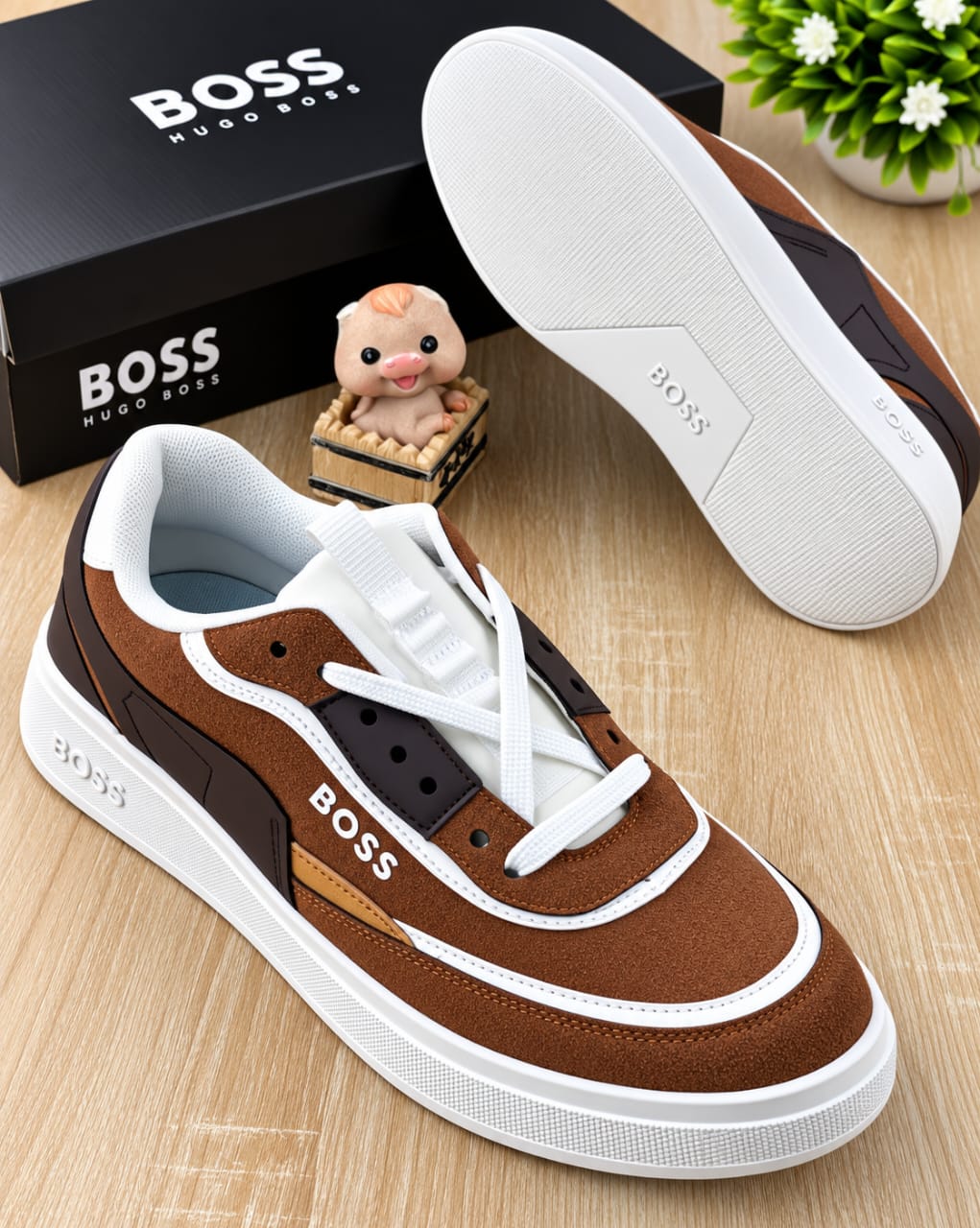 Men’s Boss Hugo Boss Brown Suede Casual Sneakers – Low-Top Lace-Up Designer Shoes With White Cupsole