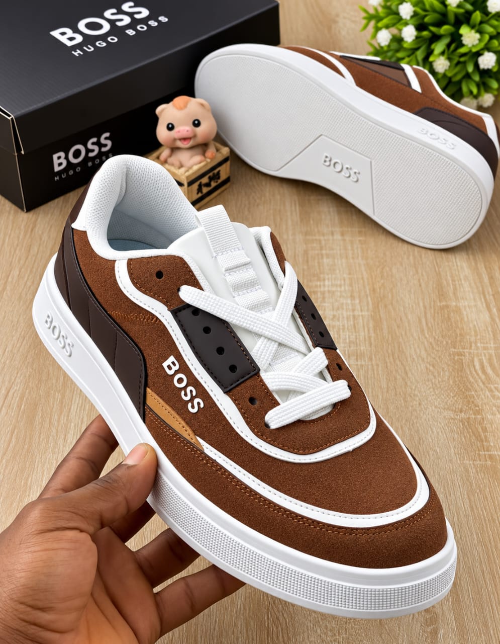 Men’s Boss Hugo Boss Brown Suede Casual Sneakers – Low-Top Lace-Up Designer Shoes With White Cupsole thumbnail 2
