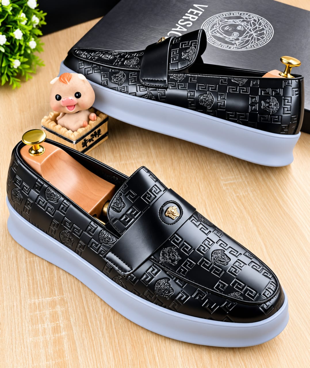 Men’s Versace Black Embossed Monogram Penny Loafers – Smart Casual Platform Cupsole Slip-On Shoes