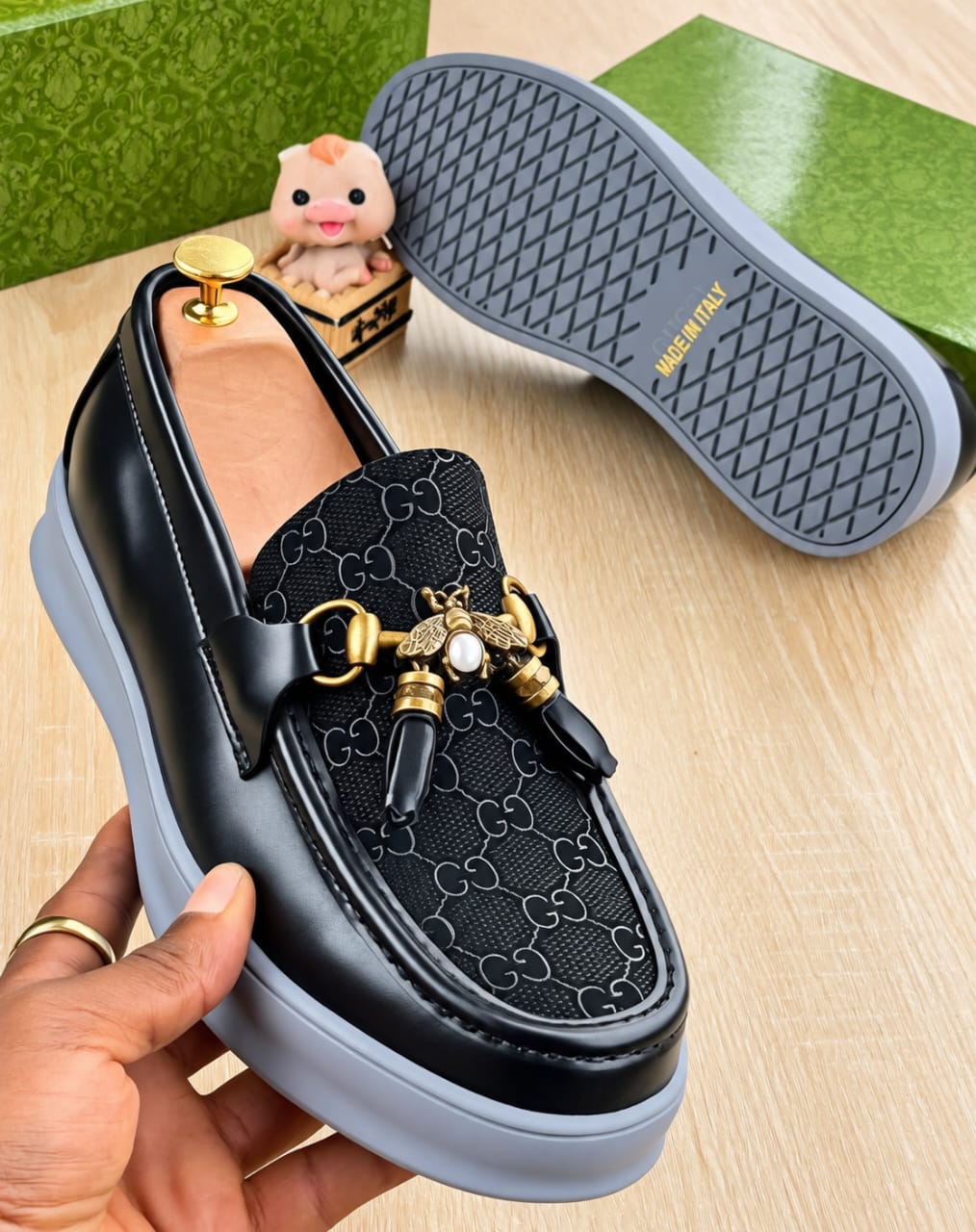 Men’s Gucci Black Monogram Bee Horsebit Loafers – Smart Casual Platform Cupsole Slip-On Shoes